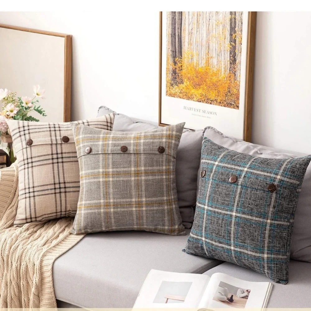 Farmhouse Plaid Linen Grey Tan Cream Striped Button Throw Pillow Decor Cover - Picture 4 of 6